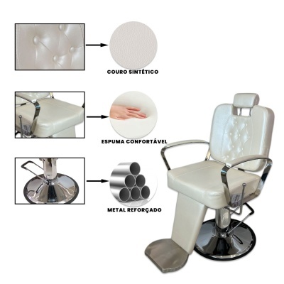 Cadeira de barbearia branca em couro sintético com estrutura metálica reforçada