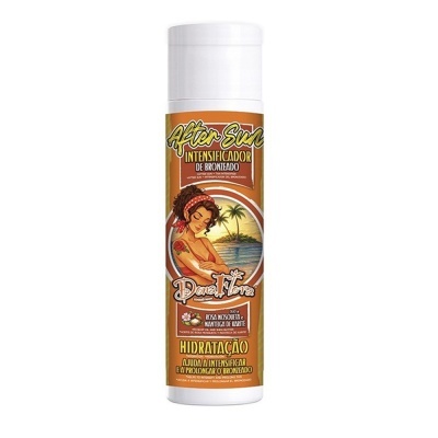 Frasco de After Sun Intensificador de Bronzeado Dona Flora com ilustração de mulher e praia