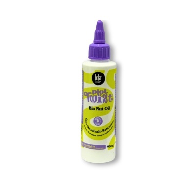 Frasco branco com tampa roxa e rótulo amarelo e roxo de óleo capilar vegano.