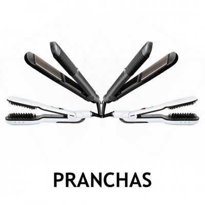 duas pranchas de cabelo, preta e branca, com cerdas, em fundo branco, texto PRANCHAS