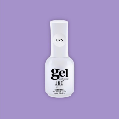 Frasco branco de verniz gel profissional JNC com etiqueta 075 em fundo roxo