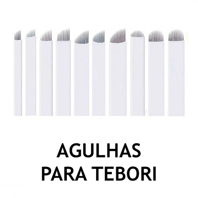 Agulhas brancas para teborrar variadas em arranjo, texto AGULHAS PARA TEBORI