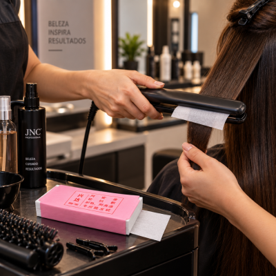 Cabeleireiro alisando cabelo castanho com chapinha preta e papel protetor branco, produtos profissionais na bancada