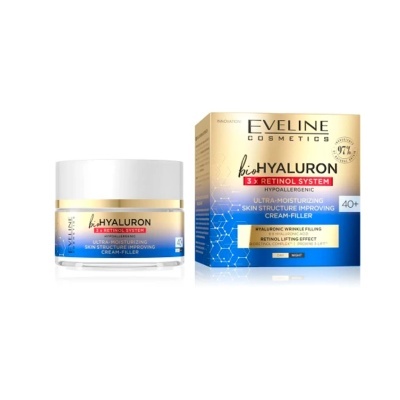 Creme facial bioHYALURON da Eveline Cosmetics com sistema 3x Retinol em embalagem branca e azul junto à caixa dourada e azul