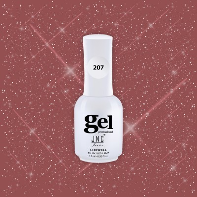 Frasco branco de verniz gel JNC número 207 sobre fundo com brilho cor de vinho