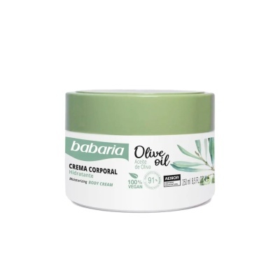 Creme corporal hidratante Babaria com azeite de oliva em embalagem branca e verde