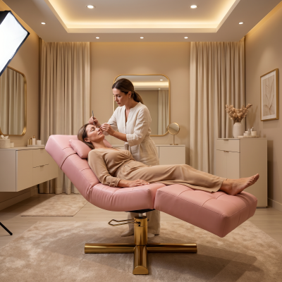 Cadeira de estética rosa num spa com esteticista a aplicar tratamento facial