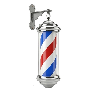 Luminária de barbearia com padrão espiral azul, branco e vermelho