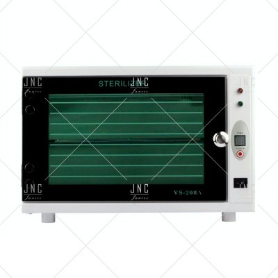 Esterilizador branco com porta de vidro verde e visor digital