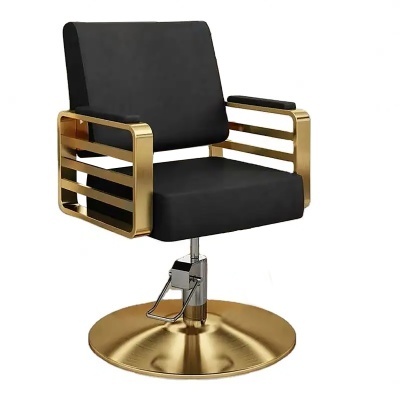 Cadeira de salão metálica dourada com assento e encosto pretos