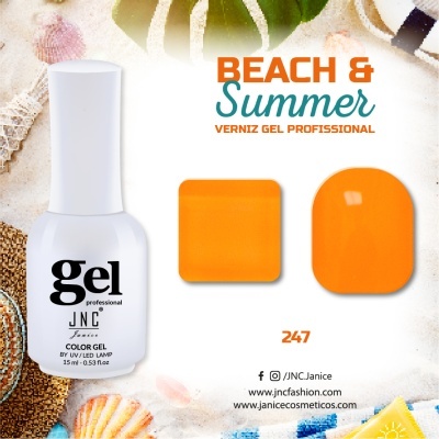 Verniz gel profissional JNC cor laranja 247 com elementos de praia ao fundo