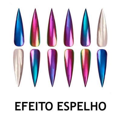 Conjunto de unhas postiças metálicas com efeito espelho e texto EFEITO ESPELHO
