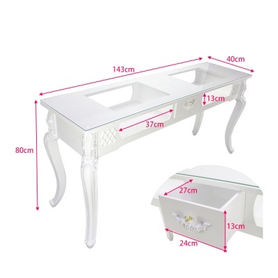 Mesa branca decorativa com tampo de vidro e gaveta com medidas