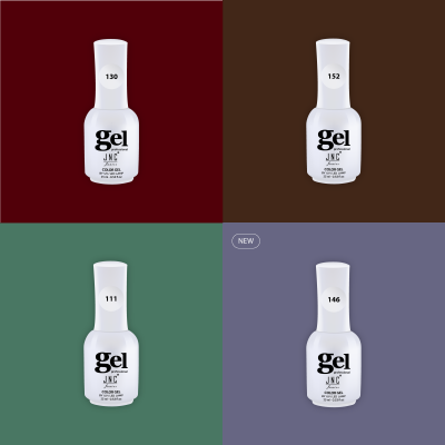 Quatro frascos brancos de verniz gel para unhas em fundos coloridos com números 130, 152, 111 e 146