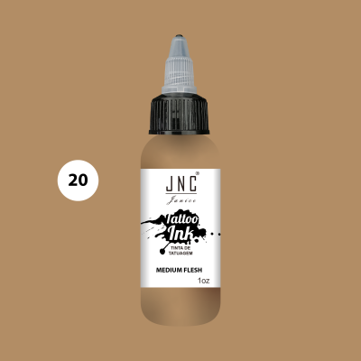 Frasco de tinta para tatuagem JNC Tattoo Ink Medium Flesh 1oz em fundo castanho com círculo branco e número 20