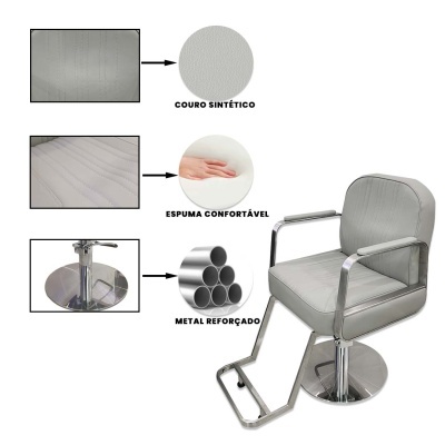 Cadeira de salão cinza com estrutura metálica reforçada e base redonda