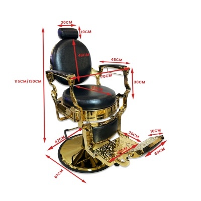 Cadeira de barbeiro preta e dourada com estofos em couro e medidas indicadas