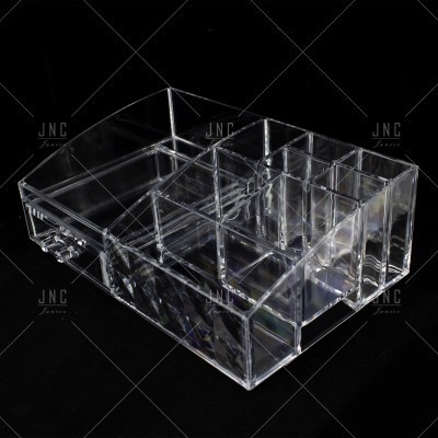 Organizador em acrílico transparente com vários compartimentos e gaveta