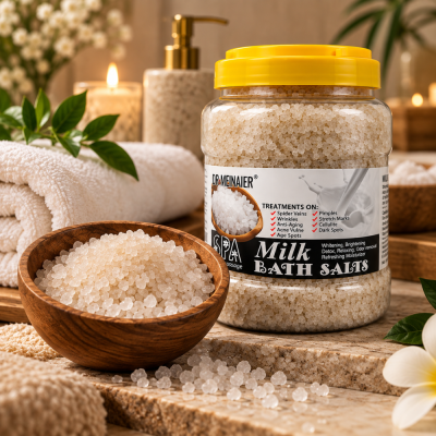 Sal de banho em recipiente plástico com tampa amarela e tigela de madeira com sal, ao lado de toalhas, vela e plantas.