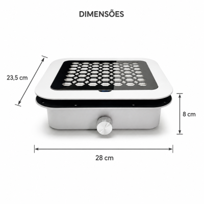 Grelhador quadrado com padrão hexagonal e dimensões indicadas
