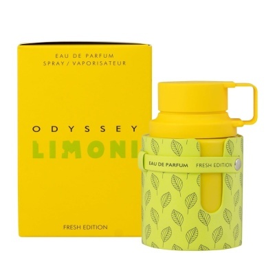 Frasco amarelo de perfume Odyssey Limoni com padrão de folhas e caixa amarela