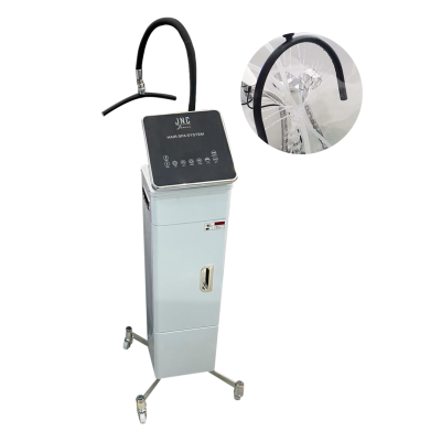 Equipamento de limpeza metálico com painel preto e tubo flexível preto