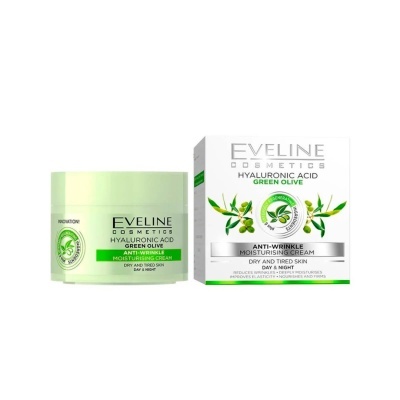 Creme hidratante anti-rugas Eveline Cosmetics Green Olive com ácido hialurónico em embalagem e caixa