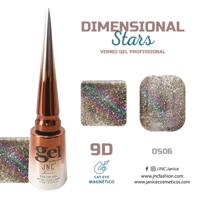 Frasco de gel para unhas profissional JNC com amostras de cores brilhantes e texturas multidimensionais.