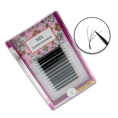 Caixa contendo extensões de pestanas em diferentes tamanhos com embalagem floral rosa e branca