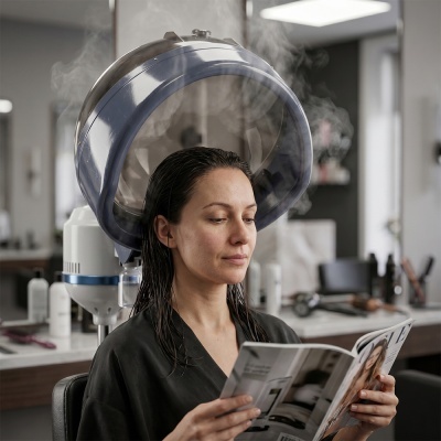 Mulher com cabelo molhado sentada debaixo de um capuz de secador a ler revista