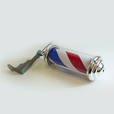 cilindro de barbeiro com padrões azul, vermelho e branco e suporte metálico