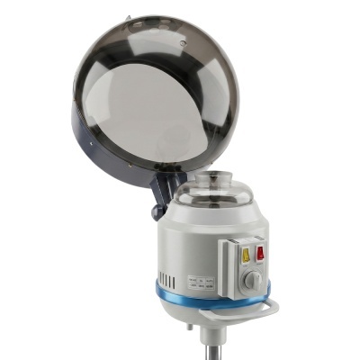Equipamento de cabeleireiro vaporizador cinzento com visor redondo e tampa transparente