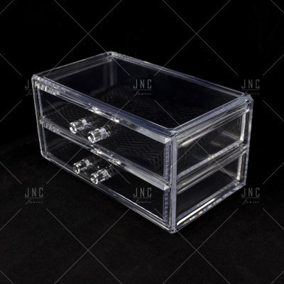 Caixa organizadora acrílica transparente com duas gavetas em fundo preto