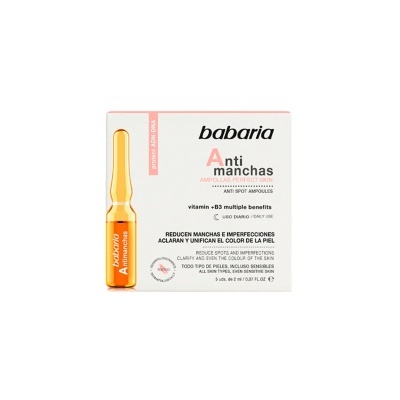 Ampolas faciais babaria Anti manchas com embalagem branca e uma ampola laranja