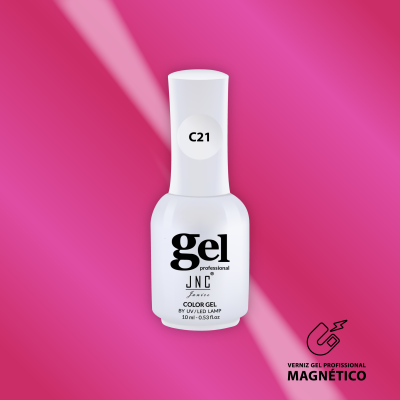 Frasco de verniz gel profissional branco com tampa branca e texto preto sobre fundo rosa