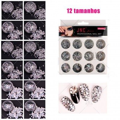 Pedrinhas decorativas para unhas JNC em embalagem com 12 tamanhos diferentes