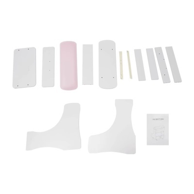 Peças brancas e rosa de plástico para montagem com manual sobre fundo branco