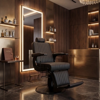 cadeira de barbearia preta em couro num salão moderno com paredes em madeira e espelho iluminado