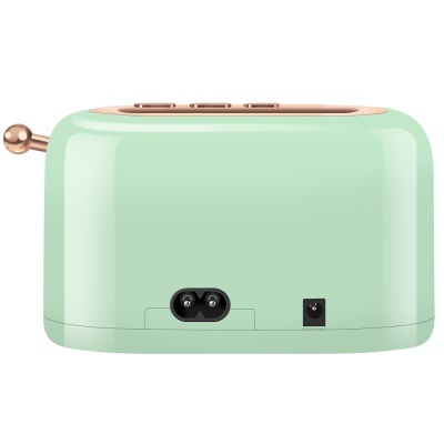 Torradeira verde menta vista de trás com botões dourados e alavanca lateral