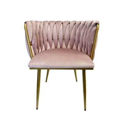 Cadeira de veludo rosa claro com pernas metálicas douradas