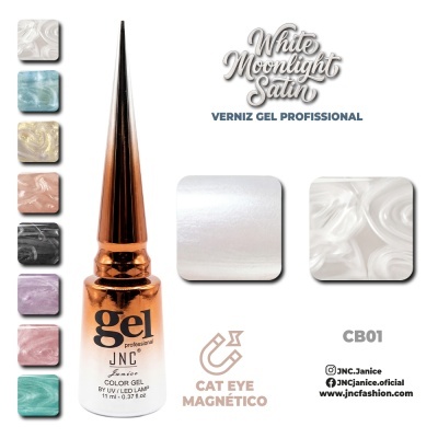 Verniz gel profissional JNC Janice com várias amostras de cores peroladas e texto promocional