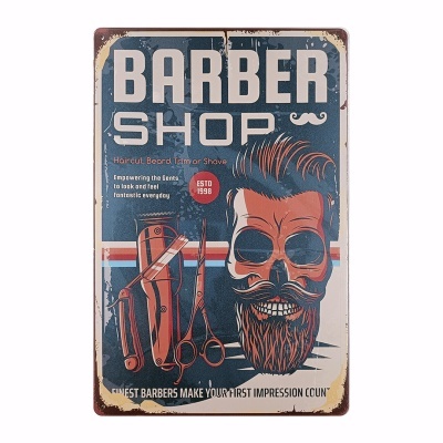 Placa metálica vintage com arte de barbeiro e texto em azul, vermelho e branco
