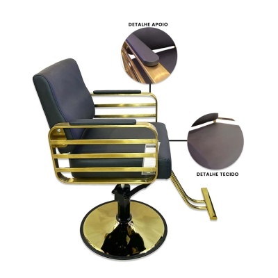Cadeira de salão preta e dourada com detalhes ampliados