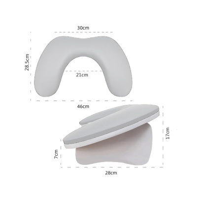 Apoios almofadados cinzento claro e branco com medidas em centímetros