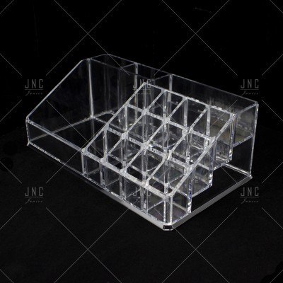 Organizador transparente de acrílico com vários compartimentos, fundo preto