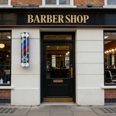 Fachada de barbearia com porta preta, letras douradas e sinal luminoso colorido