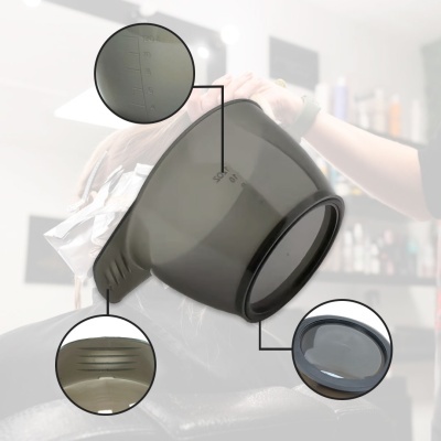 Tigela medidora de plástico preto translúcido para salão de cabeleireiro