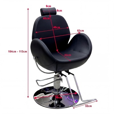Cadeira de barberia preta com base metálica e medidas em centímetros