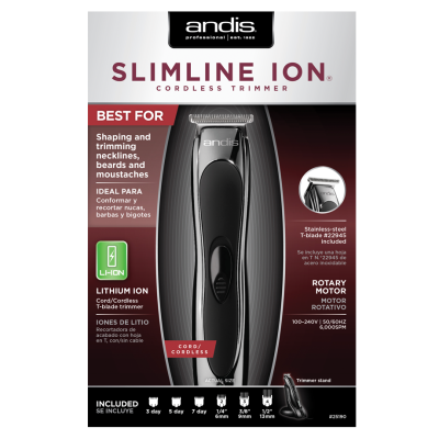 Embalagem do aparador de pelos Andis Slimline Ion com texto em inglês e acessórios mostrados