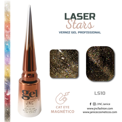 Frasco de gel para unhas JNC cor bronze metálica com texto 'LASER Stars' e amostras do gel brilhante